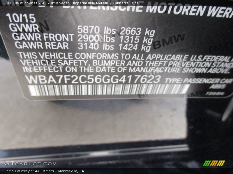 2016 7 Series 750i xDrive Sedan Imperial Blue Metallic Color Code A89
