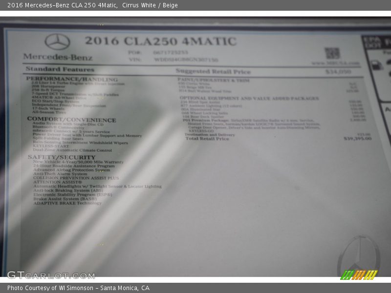 Cirrus White / Beige 2016 Mercedes-Benz CLA 250 4Matic