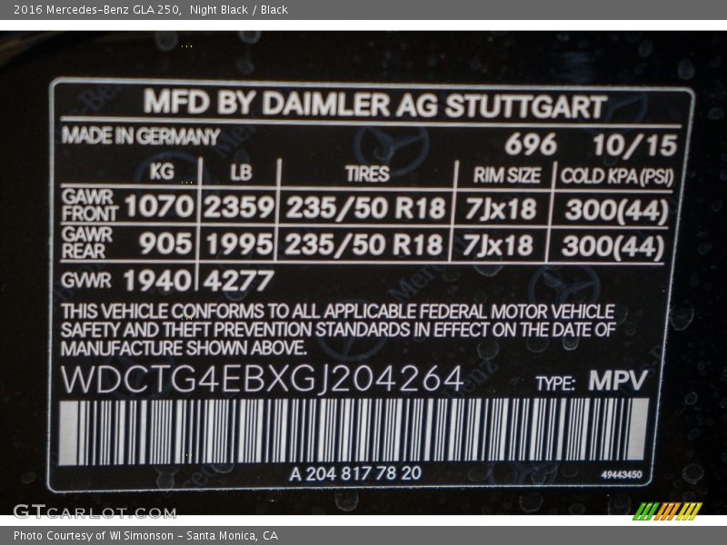 Night Black / Black 2016 Mercedes-Benz GLA 250