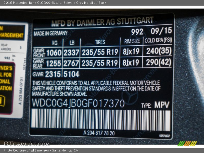 2016 GLC 300 4Matic Selenite Grey Metallic Color Code 992
