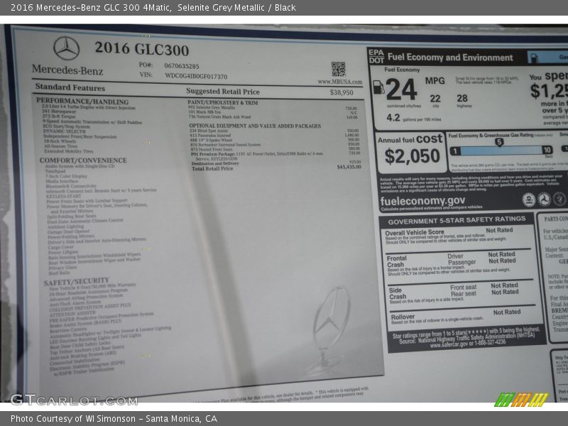  2016 GLC 300 4Matic Window Sticker