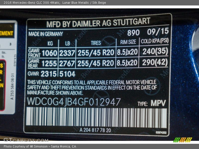 2016 GLC 300 4Matic Lunar Blue Metallic Color Code 890