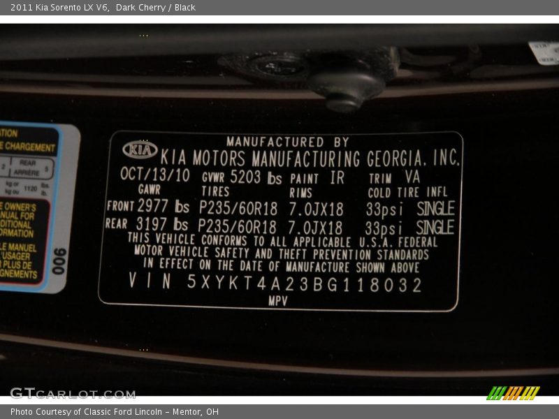 Dark Cherry / Black 2011 Kia Sorento LX V6