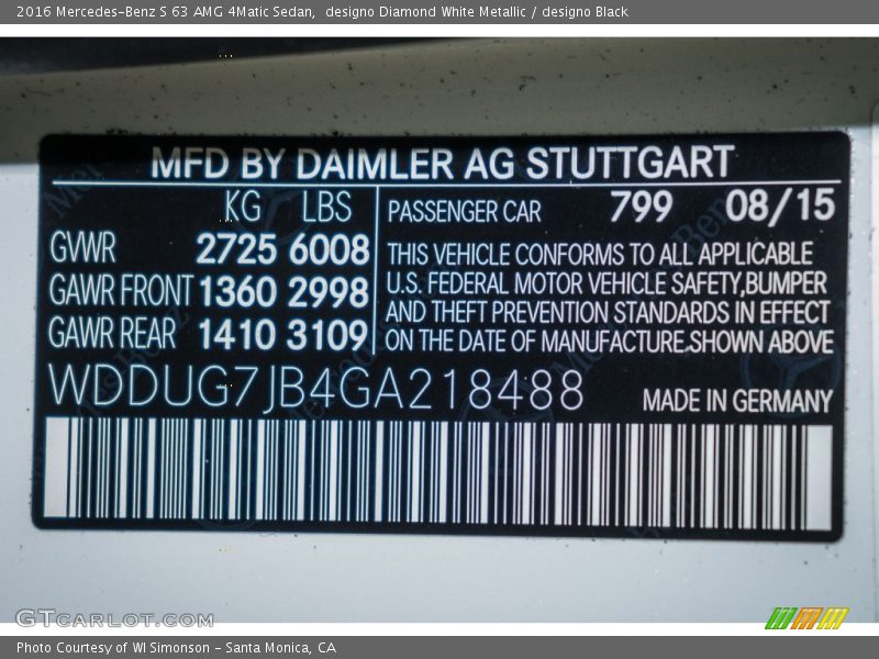 2016 S 63 AMG 4Matic Sedan designo Diamond White Metallic Color Code 799
