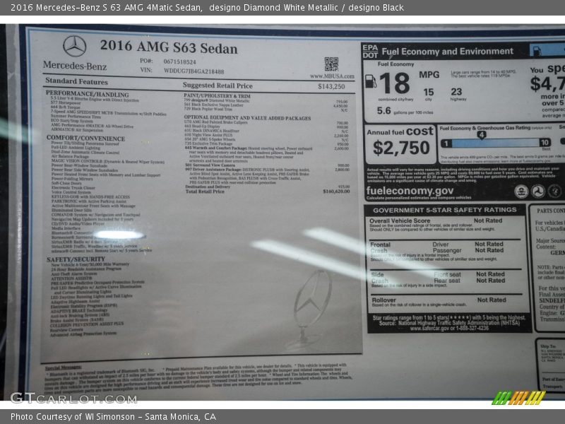  2016 S 63 AMG 4Matic Sedan Window Sticker