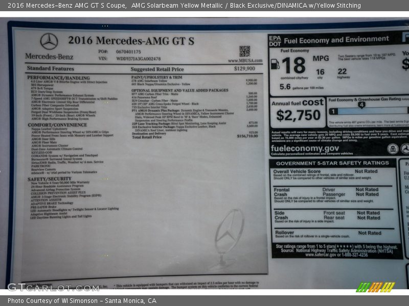  2016 AMG GT S Coupe Window Sticker
