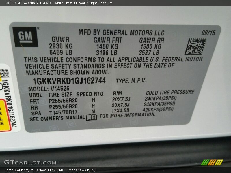White Frost Tricoat / Light Titanium 2016 GMC Acadia SLT AWD
