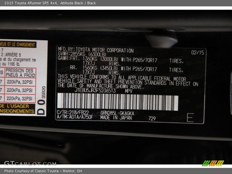 Attitude Black / Black 2015 Toyota 4Runner SR5 4x4