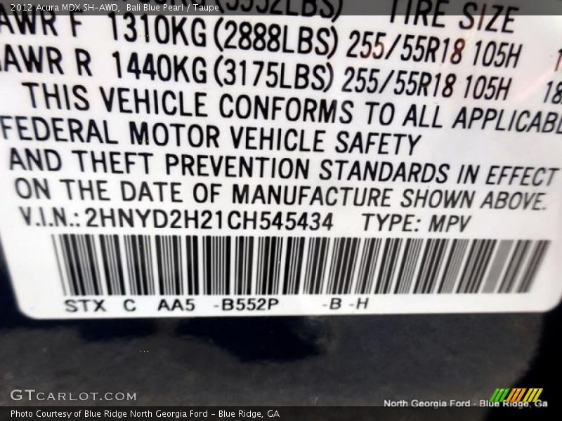Bali Blue Pearl / Taupe 2012 Acura MDX SH-AWD