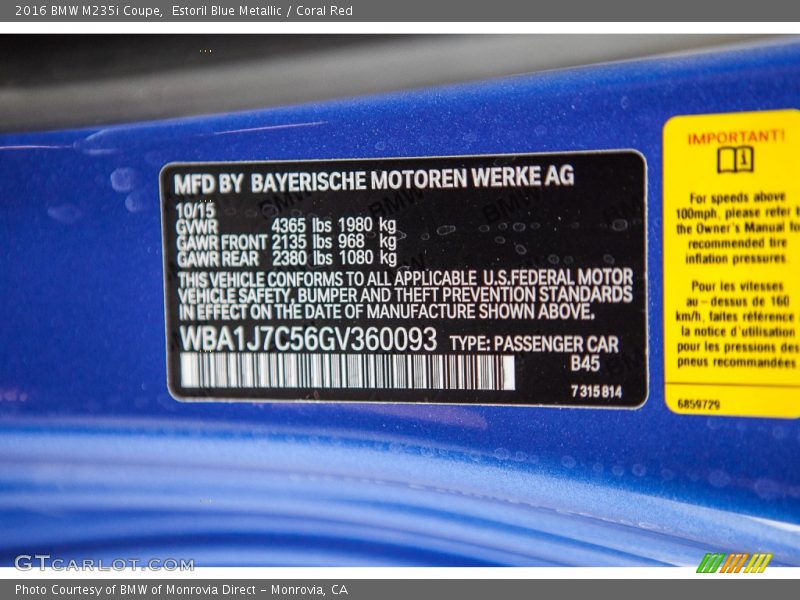 2016 M235i Coupe Estoril Blue Metallic Color Code B45