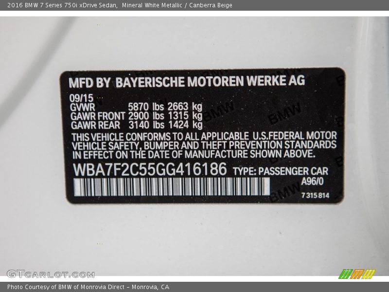 2016 7 Series 750i xDrive Sedan Mineral White Metallic Color Code A96