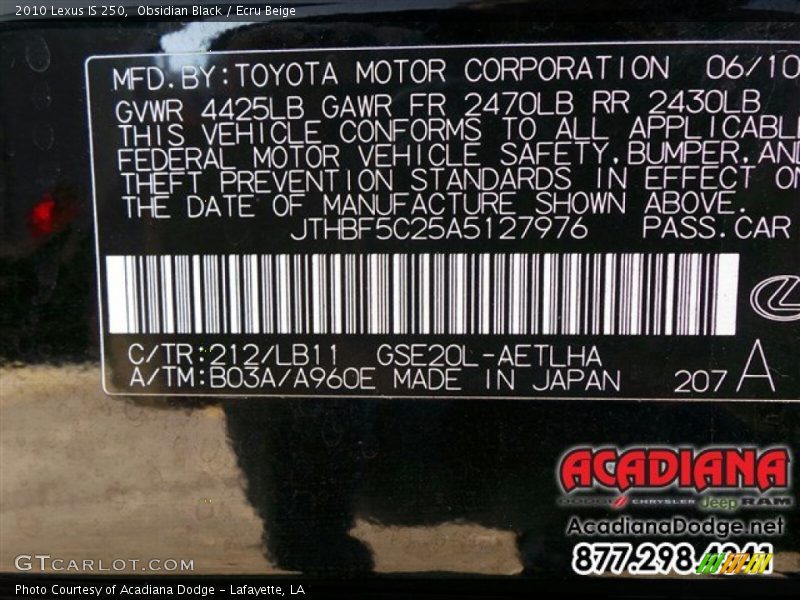 Obsidian Black / Ecru Beige 2010 Lexus IS 250