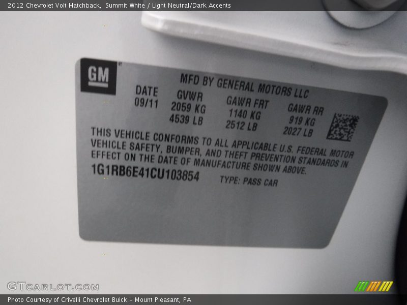 Summit White / Light Neutral/Dark Accents 2012 Chevrolet Volt Hatchback