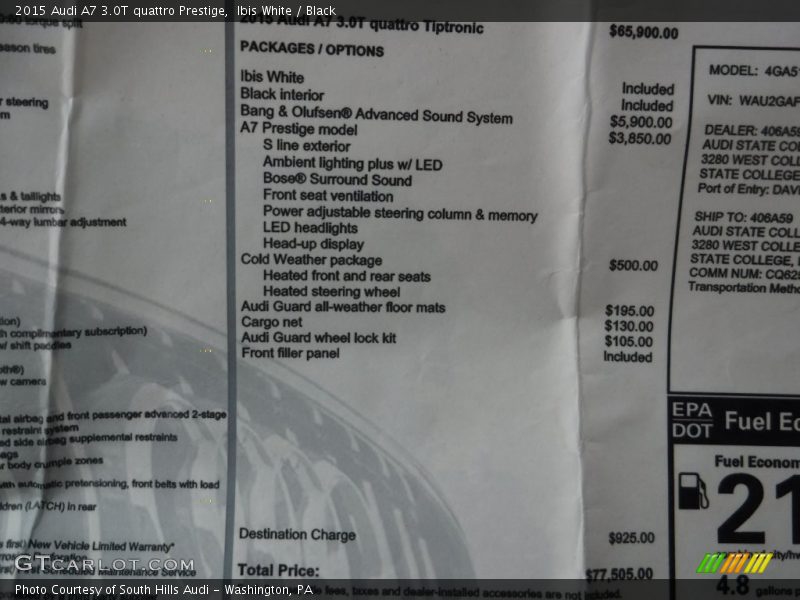 Ibis White / Black 2015 Audi A7 3.0T quattro Prestige