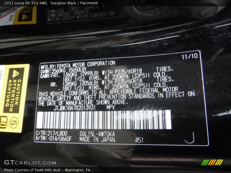Stargazer Black / Parchment 2011 Lexus RX 350 AWD