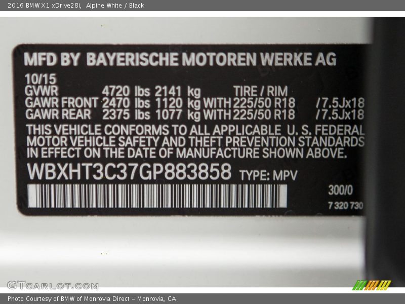 Alpine White / Black 2016 BMW X1 xDrive28i