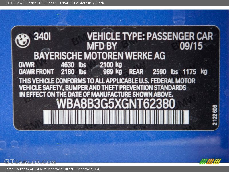 Estoril Blue Metallic / Black 2016 BMW 3 Series 340i Sedan