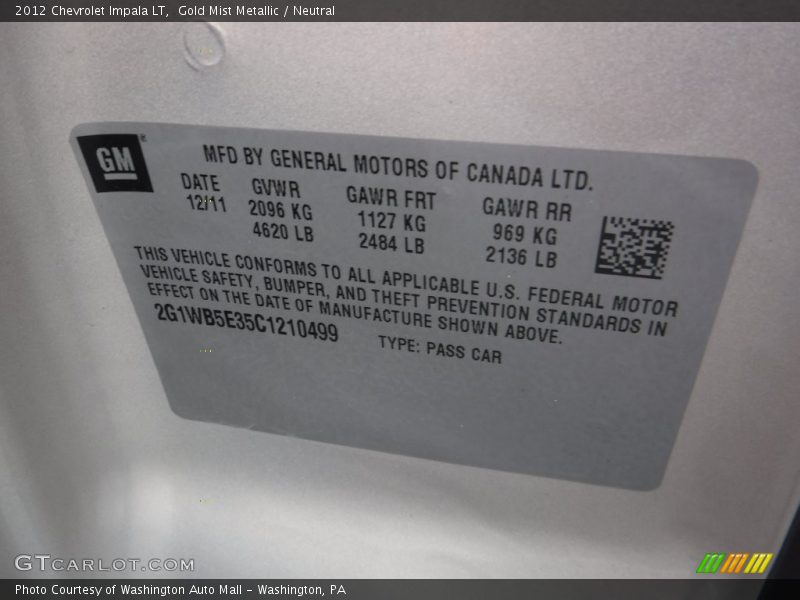 Gold Mist Metallic / Neutral 2012 Chevrolet Impala LT