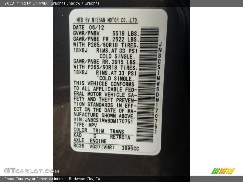 Graphite Shadow / Graphite 2013 Infiniti FX 37 AWD