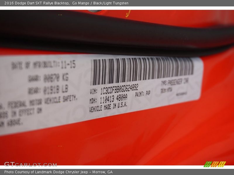 2016 Dart SXT Rallye Blacktop Go Mango Color Code PVP