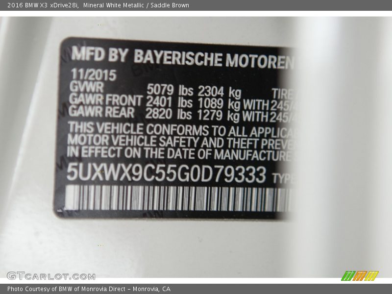 Mineral White Metallic / Saddle Brown 2016 BMW X3 xDrive28i