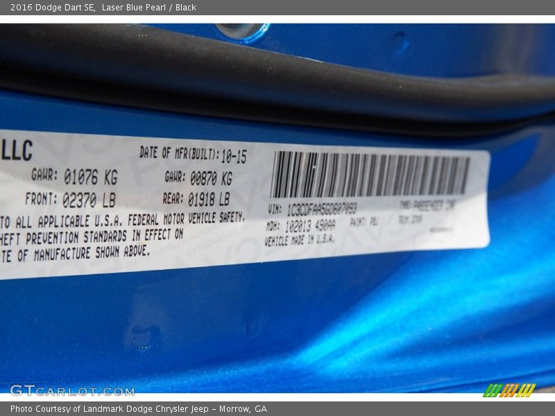 Laser Blue Pearl / Black 2016 Dodge Dart SE