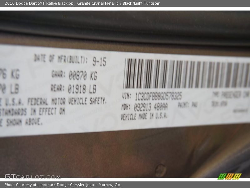 2016 Dart SXT Rallye Blacktop Granite Crystal Metallic Color Code PAU