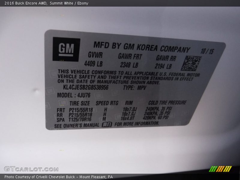 Summit White / Ebony 2016 Buick Encore AWD