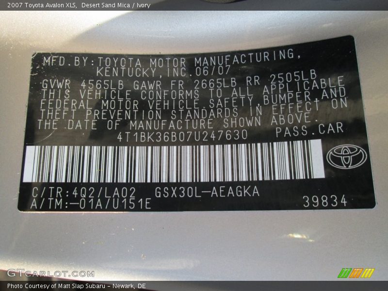 Desert Sand Mica / Ivory 2007 Toyota Avalon XLS