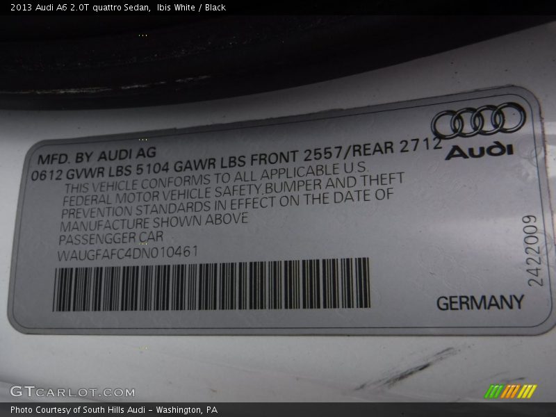 Ibis White / Black 2013 Audi A6 2.0T quattro Sedan