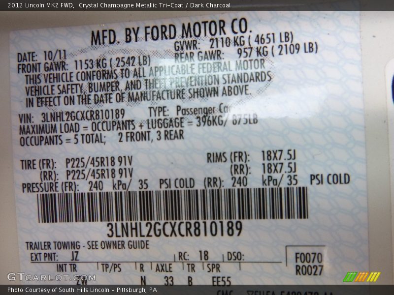 Crystal Champagne Metallic Tri-Coat / Dark Charcoal 2012 Lincoln MKZ FWD