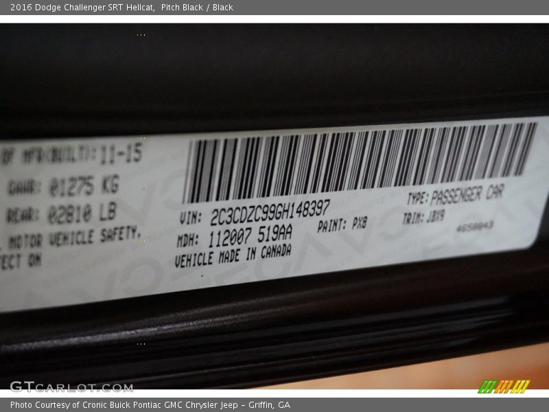 Pitch Black / Black 2016 Dodge Challenger SRT Hellcat