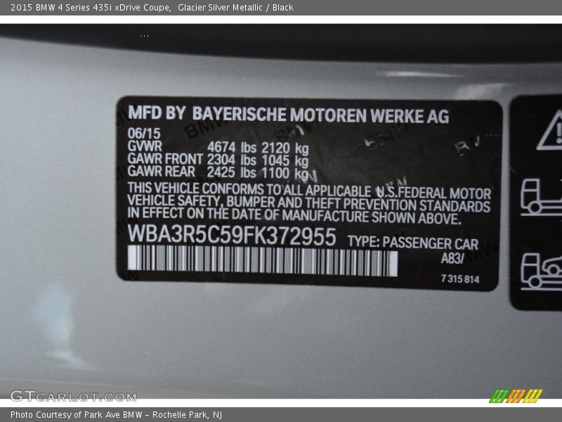 Glacier Silver Metallic / Black 2015 BMW 4 Series 435i xDrive Coupe