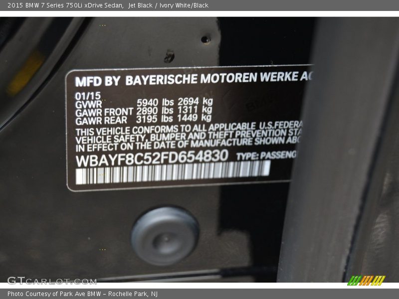 Jet Black / Ivory White/Black 2015 BMW 7 Series 750Li xDrive Sedan