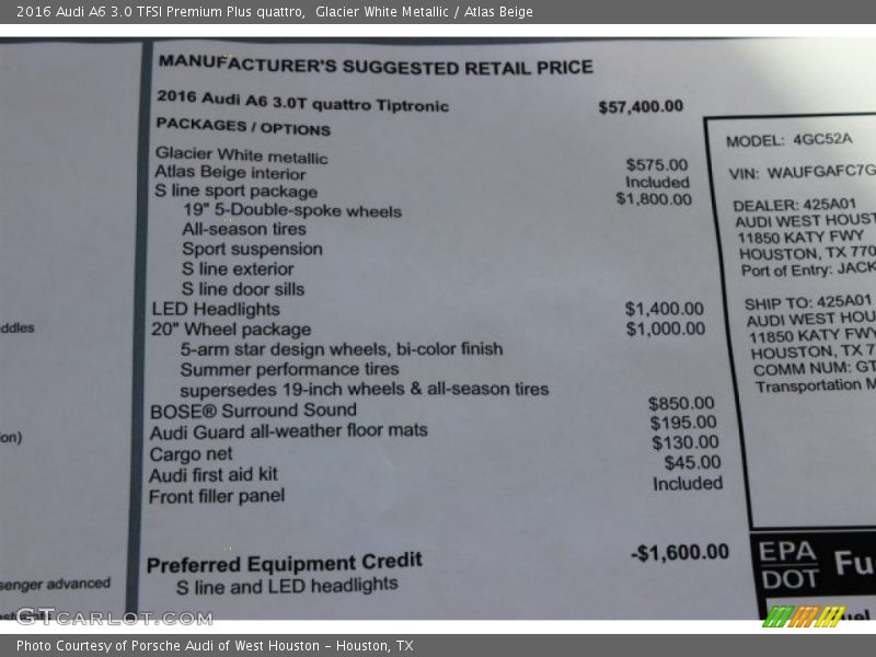 Glacier White Metallic / Atlas Beige 2016 Audi A6 3.0 TFSI Premium Plus quattro