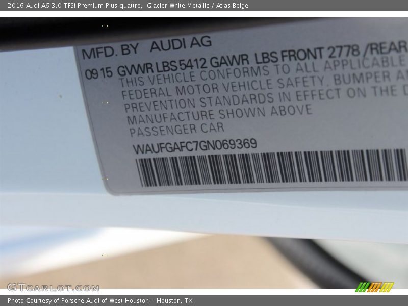 Glacier White Metallic / Atlas Beige 2016 Audi A6 3.0 TFSI Premium Plus quattro