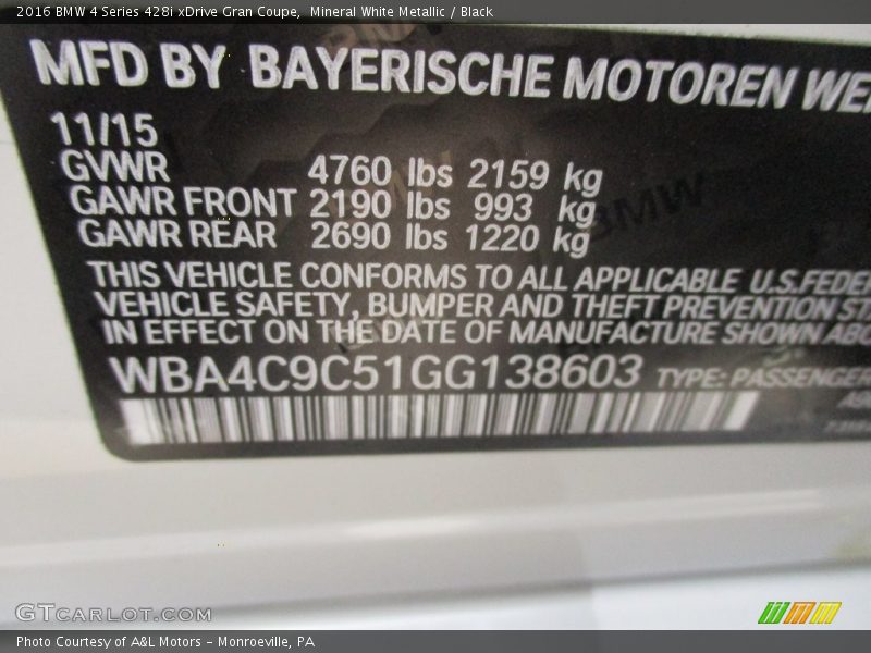 Mineral White Metallic / Black 2016 BMW 4 Series 428i xDrive Gran Coupe