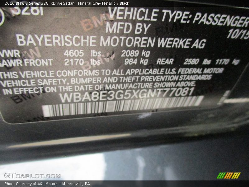 Mineral Grey Metallic / Black 2016 BMW 3 Series 328i xDrive Sedan
