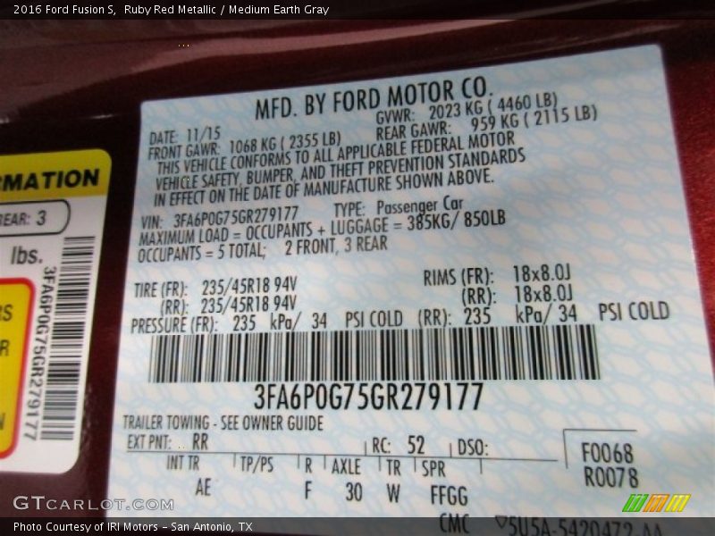 Ruby Red Metallic / Medium Earth Gray 2016 Ford Fusion S