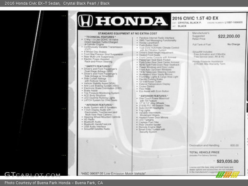 Crystal Black Pearl / Black 2016 Honda Civic EX-T Sedan