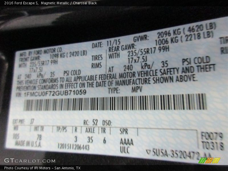 Magnetic Metallic / Charcoal Black 2016 Ford Escape S