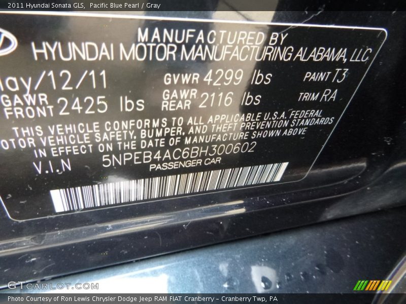 Pacific Blue Pearl / Gray 2011 Hyundai Sonata GLS