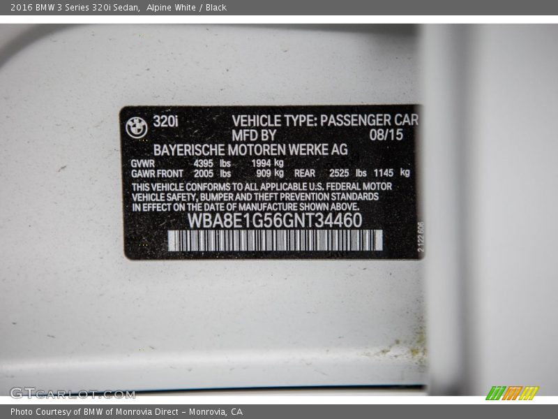 Alpine White / Black 2016 BMW 3 Series 320i Sedan