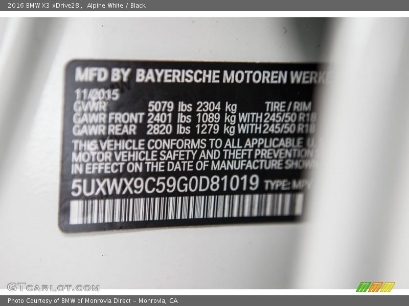Alpine White / Black 2016 BMW X3 xDrive28i
