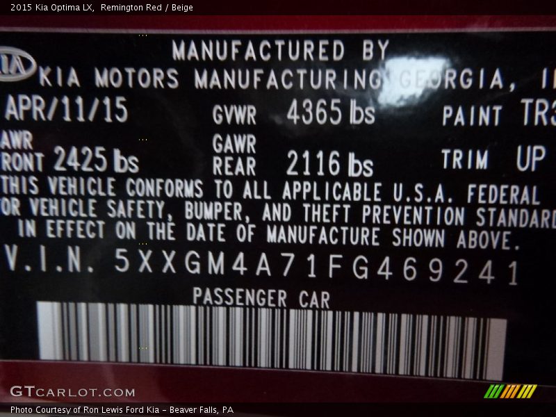 Remington Red / Beige 2015 Kia Optima LX