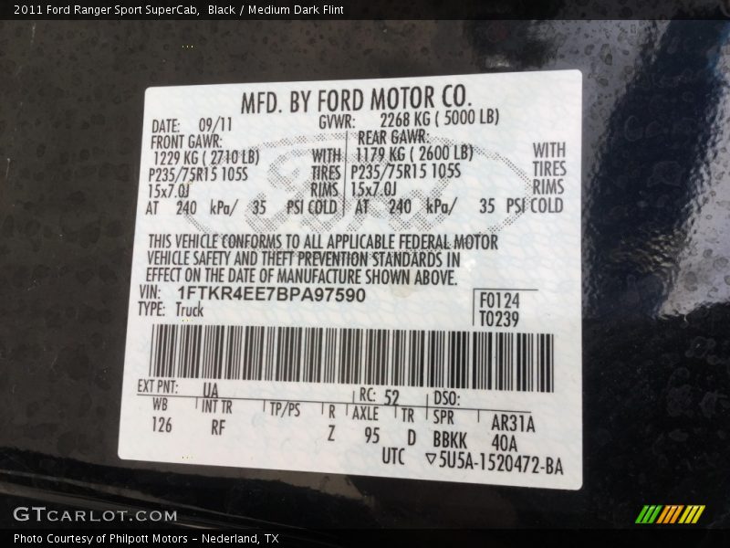 Black / Medium Dark Flint 2011 Ford Ranger Sport SuperCab