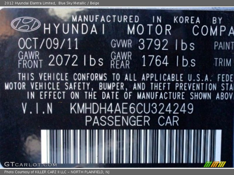 Blue Sky Metallic / Beige 2012 Hyundai Elantra Limited