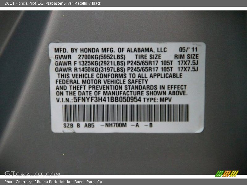 Alabaster Silver Metallic / Black 2011 Honda Pilot EX