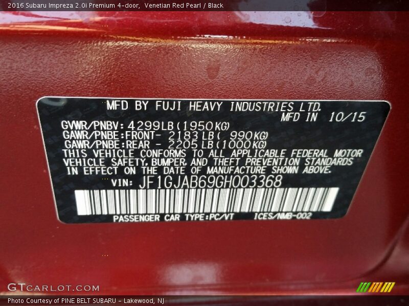 Venetian Red Pearl / Black 2016 Subaru Impreza 2.0i Premium 4-door