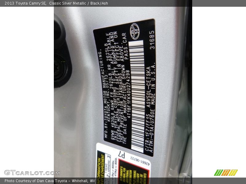 Classic Silver Metallic / Black/Ash 2013 Toyota Camry SE